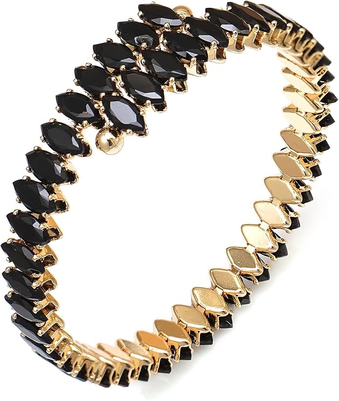 Belle Black Rhinestone Gold Cuff Bracelet - Adjustable - Hypoallergenic