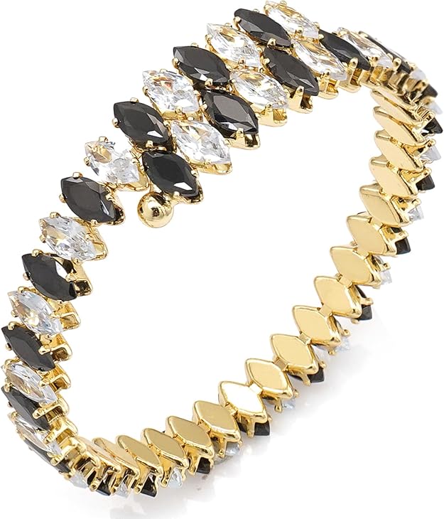 Belle Black and Crystal Rhinestones Gold Cuff Bracelet - Adjustable - Hypoallergenic