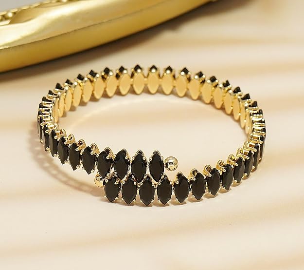 Belle Black Rhinestone Gold Cuff Bracelet - Adjustable - Hypoallergenic