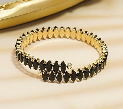 Belle Black Rhinestone Gold Cuff Bracelet - Adjustable - Hypoallergenic