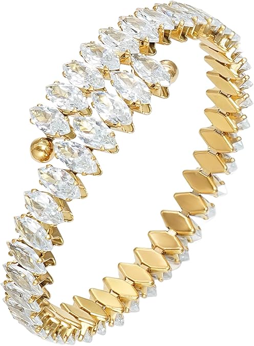 Belle Crystal Rhinestone Gold Cuff Bracelet - Adjustable - Hypoallergenic