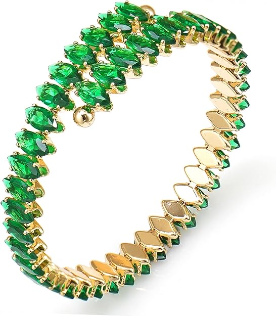 Belle Green Rhinestone Gold Cuff Bracelet - Adjustable - Hypoallergenic