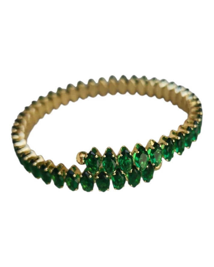 Belle Green Rhinestone Gold Cuff Bracelet - Adjustable - Hypoallergenic