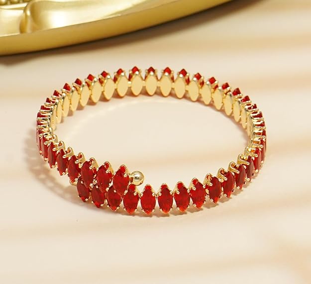 Belle Red Rhinestone Gold Cuff Bracelet - Adjustable - Hypoallergenic
