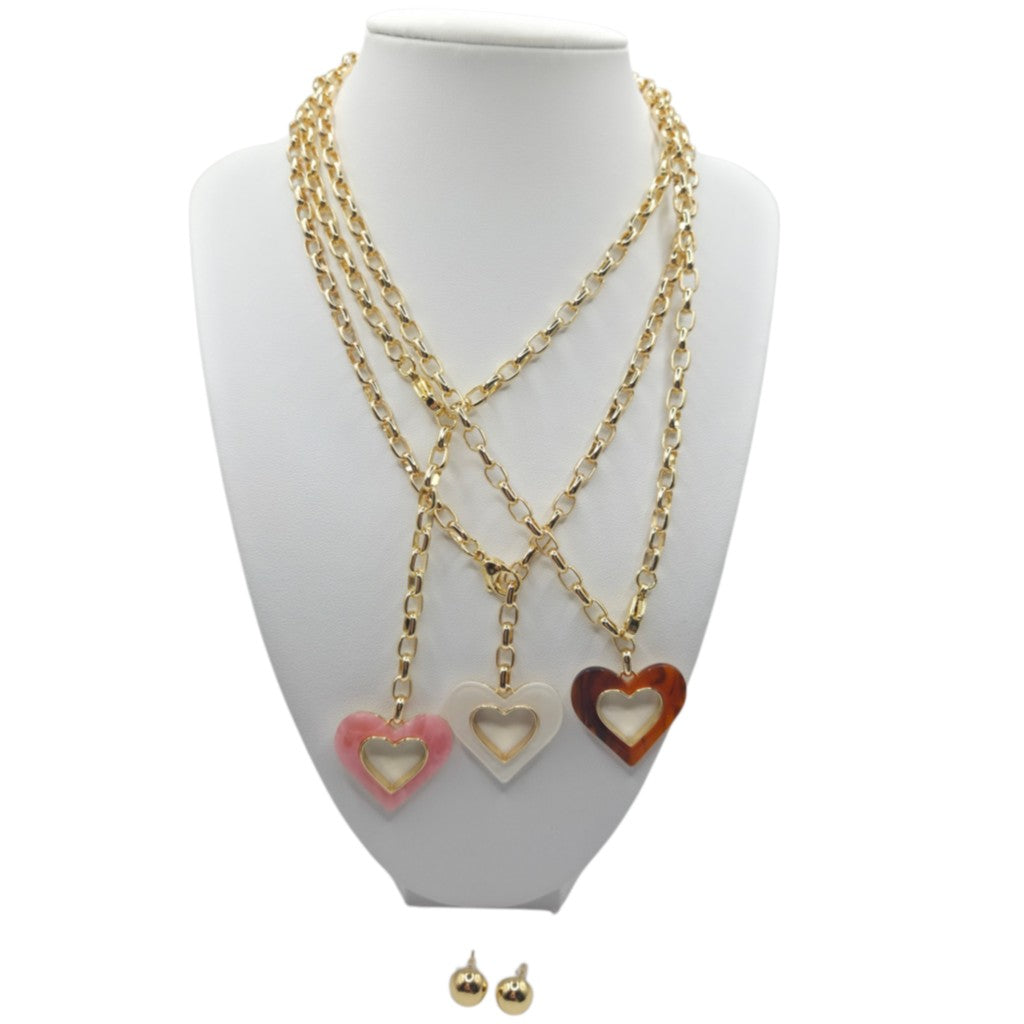 Chic Heart Pendant Drop Necklace & Stud Earrings Set - Stainless Steel