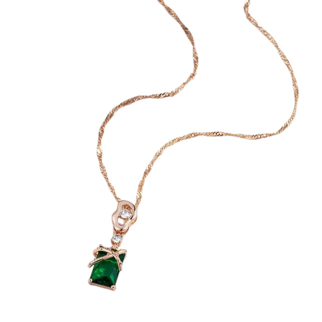 Green Square Shaped Necklace - 585 Rose Gold with Zirconia