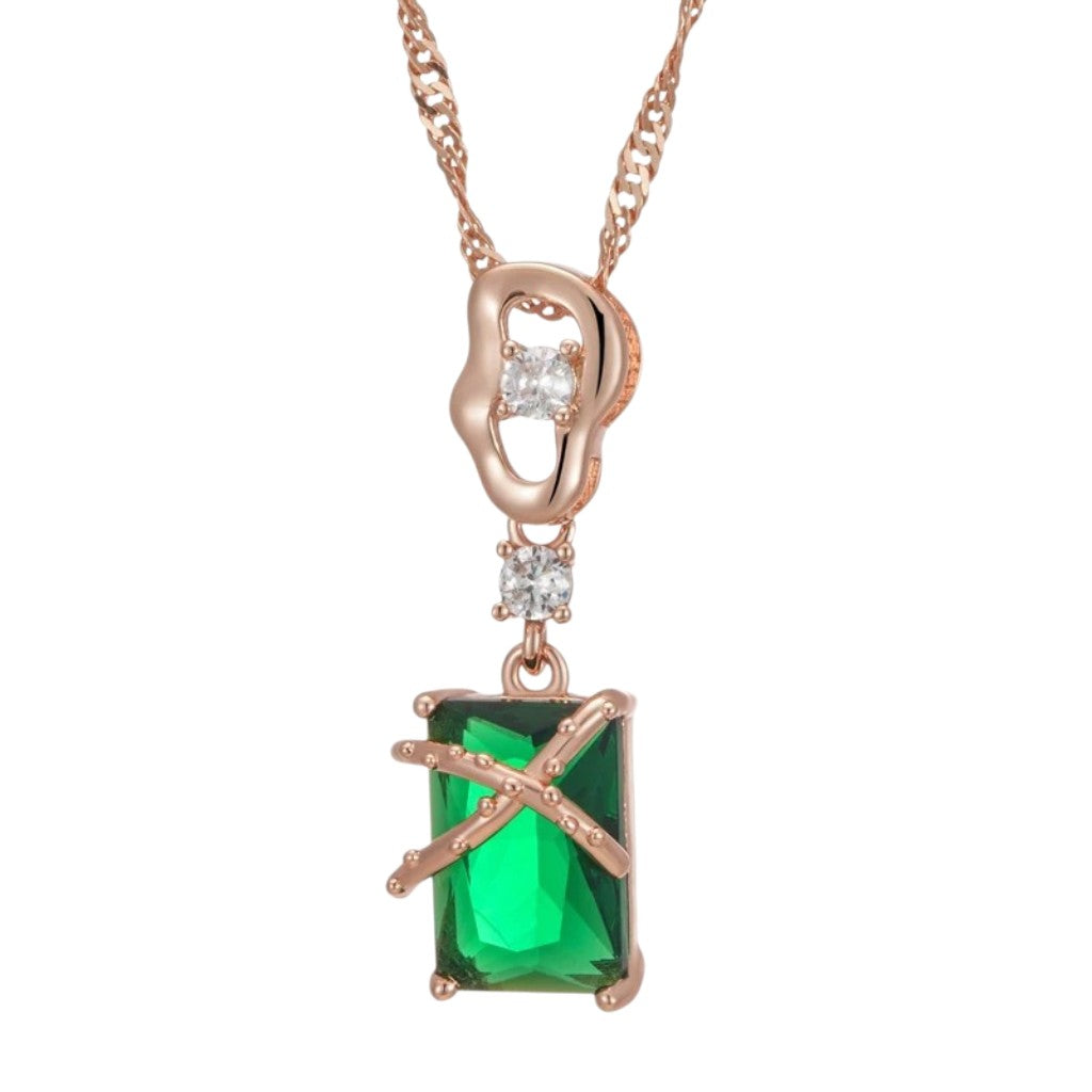 Green Square Shaped Necklace - 585 Rose Gold with Zirconia