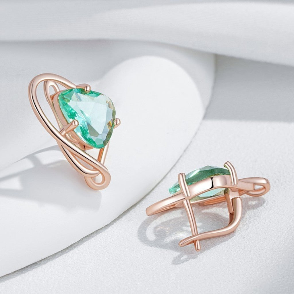 Light Green Geometric Zirconia Earrings - 585 Rose Gold Plated