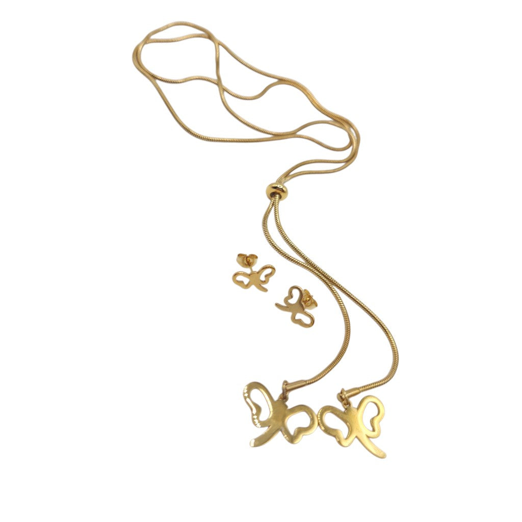 Butterfly Lariat Necklace & Earrings Set - Stainless Steel